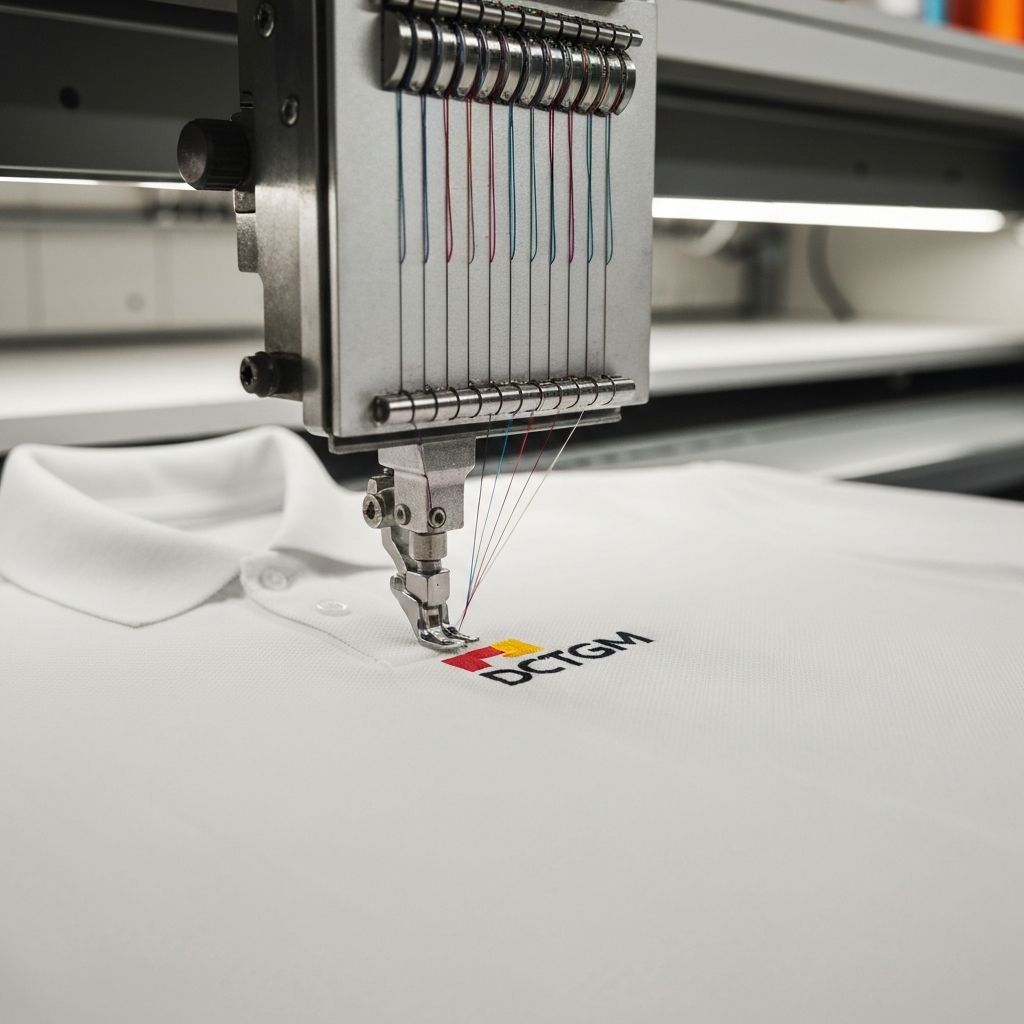 Embroidery machine stitching a company logo onto a corporate polo shirt in the Monograma workshop