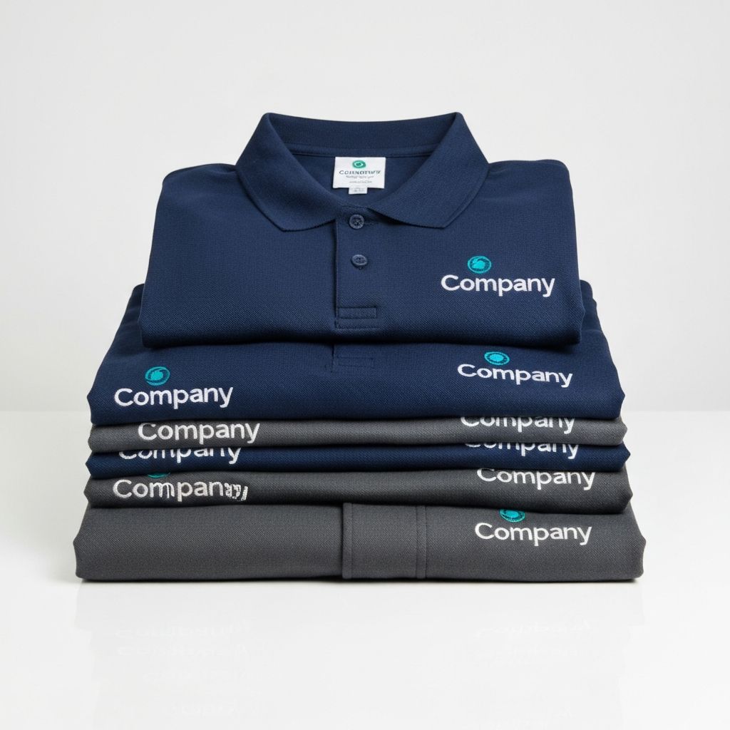 Stack of custom-branded corporate polo shirts and jackets with embroidered logos ready for delivery