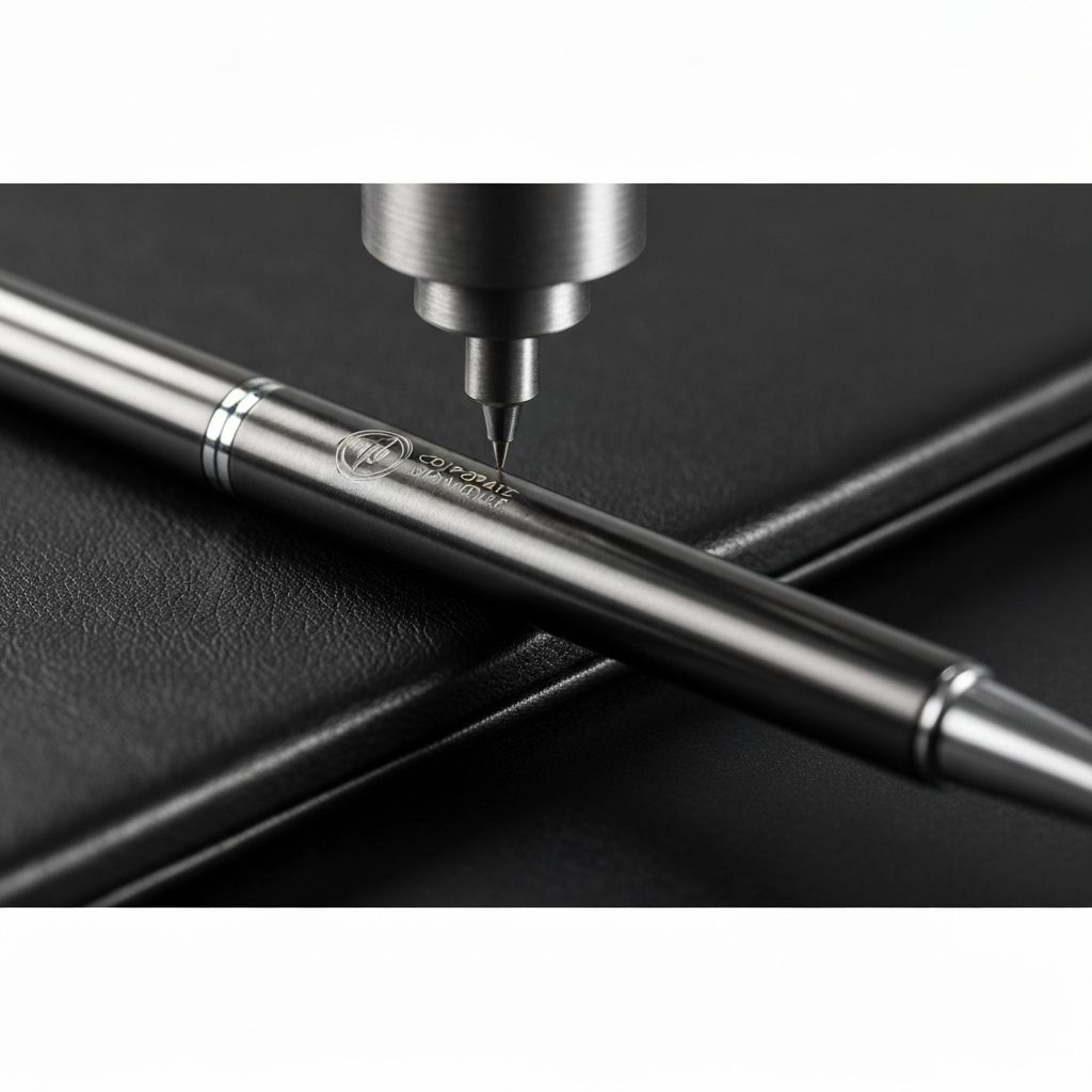 Laser engraving machine etching a precise corporate logo onto a premium metal pen