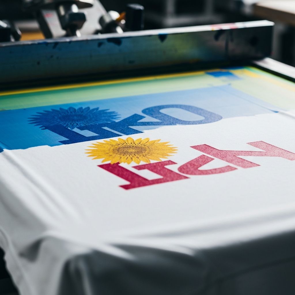 Screen printing process applying a vivid corporate logo onto a garment