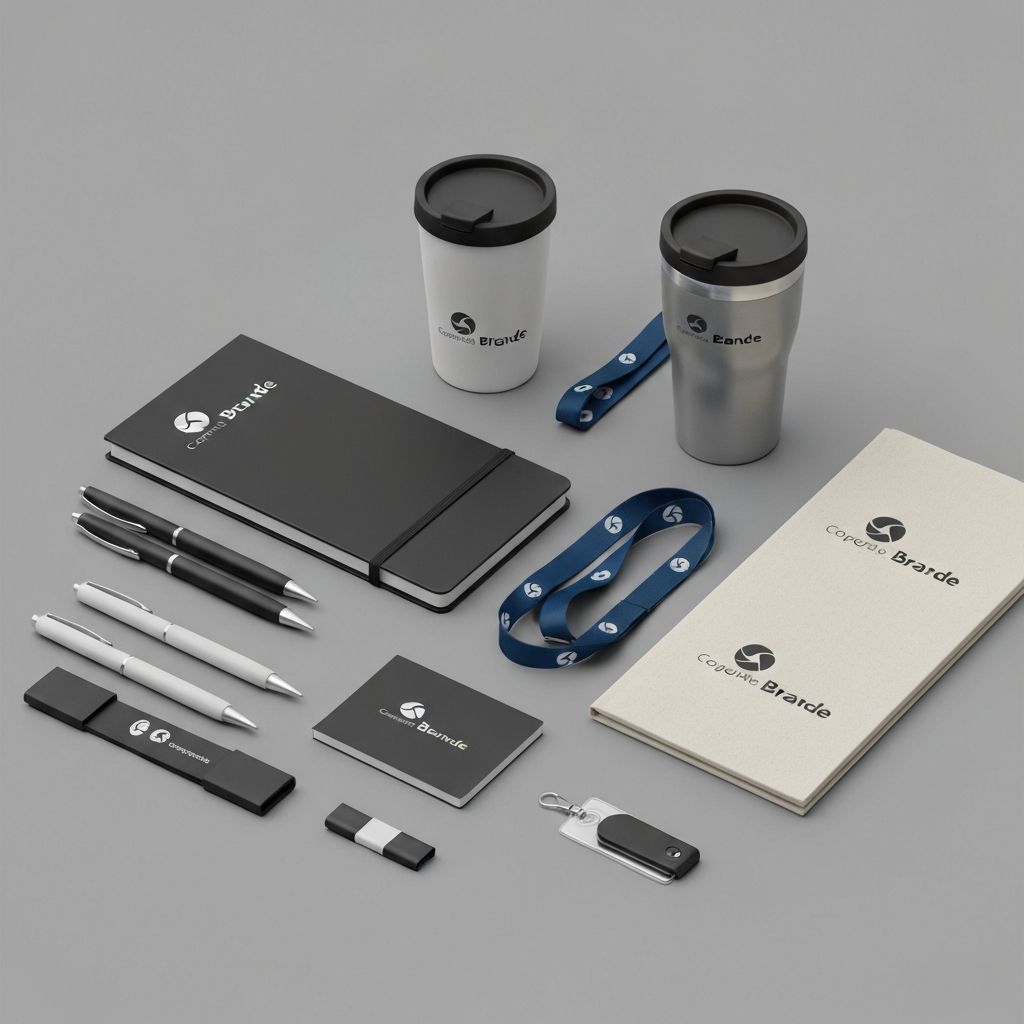 Flat lay of branded promotional products including pens, travel mugs, notebooks, tote bags and lanyards